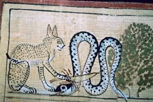 Book Of The Dead Gallery: Egyptian papyrus of the cat of Ra killing Apophis the snake of evil