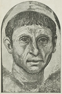 Mummy Prints: An Egyptian portrait on display at the Egyptian Hall, Piccadilly, 1888. Creator: Unknown
