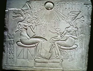 14th Century Bc Prints: Egyptian relief of Akhenaten and Nefertiti holding their daughters, 14th century BC
