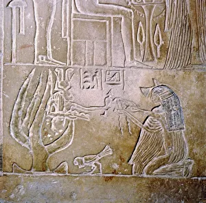 Egyptian relief, deceased priestess and Hathor with sycamore tree
