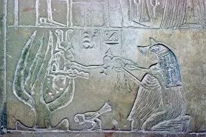 Hathor Collection: Egyptian relief showing a dead woman and Hathor