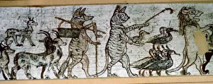 Papyrus Prints: Detail from the Egyptian satirical papyrus of a fox playing the pipes and leading goats