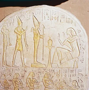 Isis Gallery: Egyptian stele, Deceased worships Osiris who stands on pedestal representing Maat