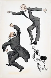 Elderly gentleman in tails and younger gentleman in black tie dance to a musician playing trumpet Elderly gentleman in tails and younger gentleman in black tie dance to a musician playing trumpet