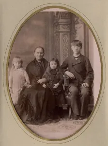 Granddaughter Prints: An elderly woman, a young man in a civilian suit and two