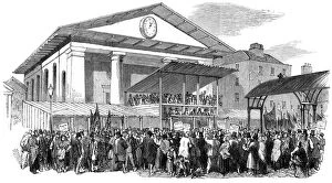 Election hustings in Covent Garden during the Westminster election, London, 1852