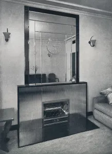 William Curtis Prints: Electric fireplace and overmantel by James Clark & Son Ltd. 1940