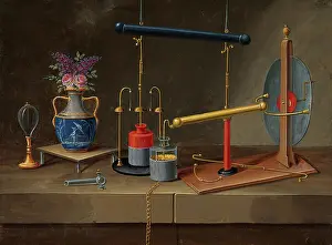Electricity: condenser jars, an electro-static generator, and a vase with flowers, (18--?). Creator: Paul Lelong