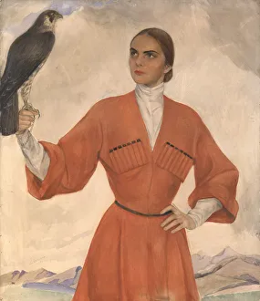 Falcon Prints: Elegant Lady Dressed as a Cossack and Holding a Hunting Falcon