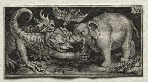 Nicolaes De Bruyn Netherlandish Prints: Elephant Fighting two Beasts, 1594