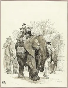 Elephant with Riders in Jardin des Plantes, Paris, n.d. Creator: Auguste-Andre Lancon
