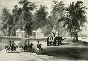 George Nathaniel Prints: Elephants and Body Guard in Barrackpore Park, 1820, (1925). Creator: Unknown