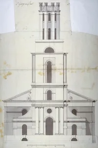 Wash Prints: Front elevation of the Church of St George in the East, Stepney, London, 1800. Artist