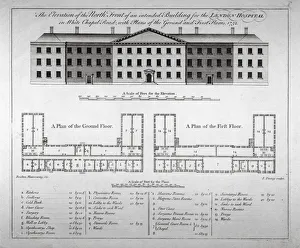 Plan Prints: Elevation of the north front and plans of London Hospital, Whitechapel, London, 1752