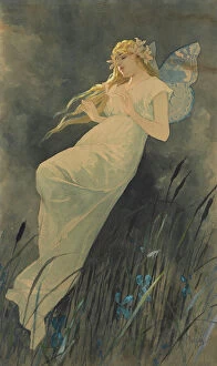 Nymph Gallery: Elf with iris flowers, ca. 1886-1890. Creator: Mucha, Alfons Marie (1860-1939)