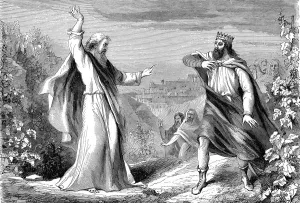 Elijah, Old Testament prophet. denouncing Ahab, idolatrous king of Israel, in Naboths vineyard