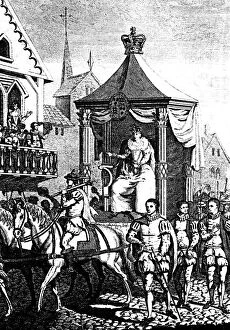 Elizabeth I on her way to open the first Royal Exchange, London, 23 January 1571 (c1680)