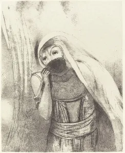 Elle tire de sa poitrine une eponge toute noire, la couvre de baisers (She draws from... 1896. Creator: Odilon Redon)