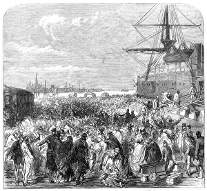 Embarkation of dockyard workmen as emigrants at Portsmouth, 1869. Creator: Unknown