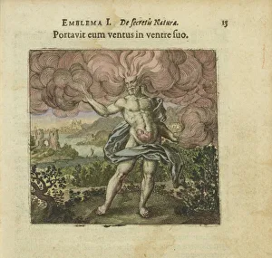 Emblem 1. The wind carried him in his belly. From Atalanta fugiens by Michael Maier, 1618. Creator: Merian, Matthäus, the Elder (1593-1650). Emblem 1. The wind carried him in his belly