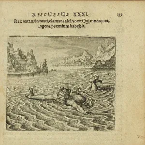 Emblem 31. The king, swimming in the sea, cries out with a loud voice: Whoever saves me... 1816. Creator: Merian, Matthäus, the Elder (1593-1650)