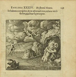 Emblem 34. He is conceived in a water bath and born in the air, but when he turns... 1816. Creator: Merian, Matthäus, the Elder (1593-1650)