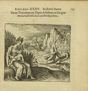 Emblem 35. Like Ceres Triptolemum, Thetis brought Achillem to get used to the fire, so the... 1816 Creator: Merian, Matthäus, the Elder (1593-1650)
