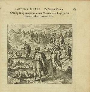 Emblem 39. Oedipus, after defeating the Sphynx and killing his father, takes his mother... 1816. Creator: Merian, Matthäus, the Elder (1593-1650)