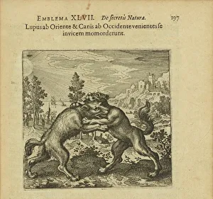 Emblem 47. The wolf coming from the staircase and the dog coming from the staircase have... 1816. Creator: Merian, Matthäus, the Elder (1593-1650)