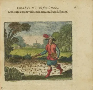 Emblem 6. Sow only gold in the white leafed earth. From Atalanta fugiens by Michael Maier, 1618. Creator: Merian, Matthäus, the Elder (1593-1650). Emblem 6. Sow only gold in the white leafed earth