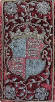 Embroidered velvet binding on John Udalls Sermons with the arms of Elizabeth I, 1596 Embroidered velvet binding on John Udalls Sermons with the arms of Elizabeth I, 1596