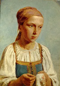 Embroideress Prints: Embroidery Country Girl, 1843. Artist: Venetsianov, Alexei Gavrilovich (1780-1847)