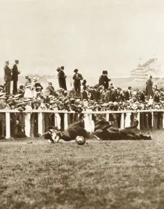 Emily Davison throwing herself in front of the Kings horse during the Derby, Epsom, Surrey, 1913