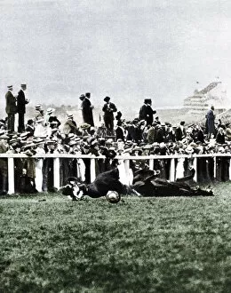 Emily Davison throwing herself in front of the Kings horse during the Derby, Epsom, Surrey, 1913