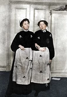 Dame Christabel Harriette Pankhurst Gallery: Emmeline and Christabel Pankhurst, English suffragettes, in prison dress, 1908