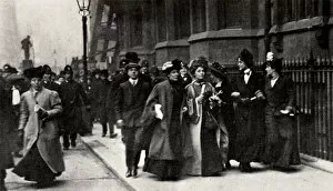 Emmeline Goulden Gallery: Emmeline Pankhurst, British suffragette leader, carrying a petition, London, 13 February 1908