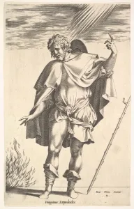 Boyvin Prints: Empedocles, standing frontally with his head turned in three-quarter view, directs