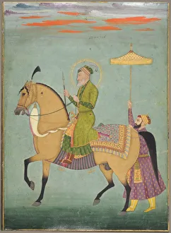 And Silver On Paper Prints: The Emperor Alamgir (reigned 1658-1707) on Horseback, c. 1690-1710. Creator: Unknown