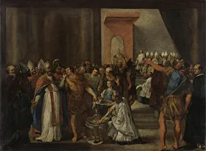 Constantine Prints: Emperor Constantine burning Arian books, 1640s. Artist: Magnone, Carlo (?-1653)