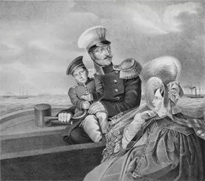 Emperor Nicholas I and Empress Alexandra Fyodorovna with son Konstantin Nikolaevich on a boat trip, Artist: Anonymous