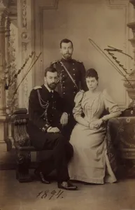 Emperor Nicholas II with Grand Duke Alexander Mikhailovich of Russia and his wife, Grand Duchess Xenia Alexandrovna of Russia, 1894