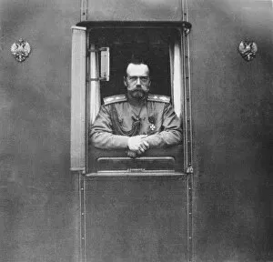 Emperor Nicholas II at window of the own railroad car, 1917. Artist: Anonymous