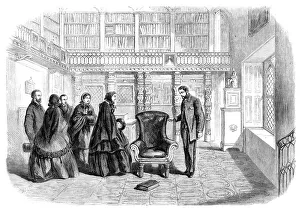 Bookshelves Prints: The Empress Eugenie in Sir Walter Scott's study at Abbotsford, 1860. Creator: Unknown