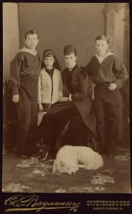 Empress Maria Fyodorovna with children, Nicholas Alexandrovich, George Alexandrovich and Xenia Alexandrovna, ca. 1883. Found in the collection of Russian State Film and Photo Archive, Krasnogorsk Bergamasco Collection: Empress Maria Fyodorovna with children, Nicholas Alexandrovich, George Alexandrovich and Xenia Alexa
