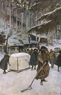 Clearing Prints: En Alsace; Arrivee de blesses, en traineau, au poste de secours, 1915. Creator: Unknown