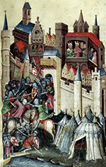 Casque Prints: Encampment of the Greeks, and battle outside Troy, 15th century. Creator: Unknown