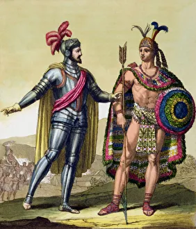 Mexican Prints: The encounter between Hernando Cortes and Montezuma II, Mexico, 1519 (c1820-1839)