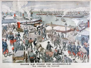 Marseilles Prints: The end of the strike by dock workers at the port of Marseilles, France, 1904