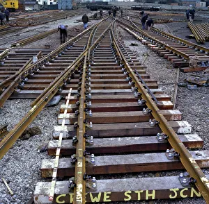 Junction Prints: Engineers fabricating a rail junction for the Crewe South Junction before delivery, 1977