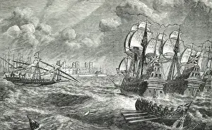 Galleon Prints: The English fleet before Cadiz, 1596, (1896). Creator: Unknown